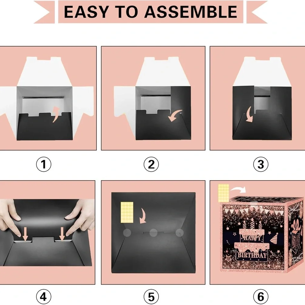 50th Birthday Decorations Rose Gold Black Balloon Arch Backdrop Boxes Set NEW